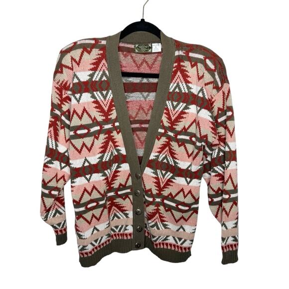 SANTA FE WEST / vintage red brown aztec western printed cardigan sweater / S - Picture 1 of 8